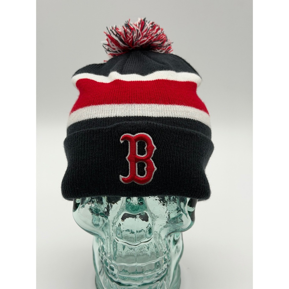 '47 Brand Boston Red Sox Beanie Navy Blue Red White Striped Pom Cuffed Knit Hat